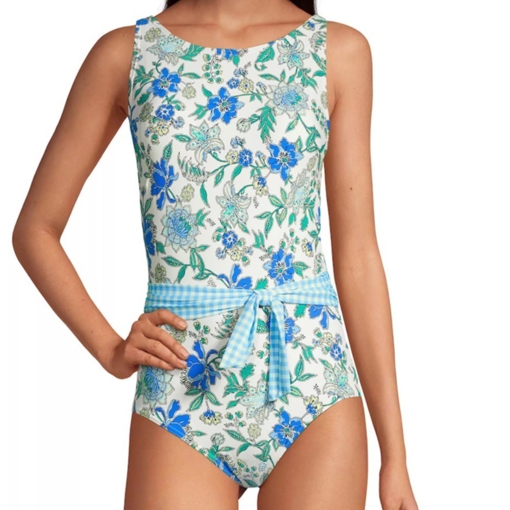 Women's Lands' End Tummy Control Tie-Front One-Piece Floral Swimsuit Size 6